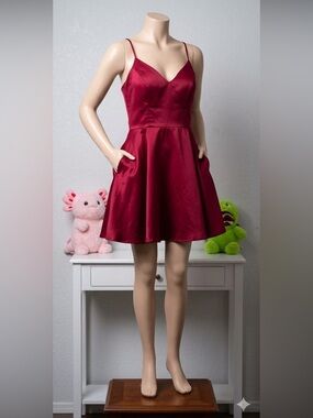 Windsor Fuchsia Satin V-Neck Spaghetti Strap Dress